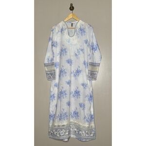 Ethnic Rozana Blue Floral Cotton‎ Linen Kurta Tunic Dress Womens Small